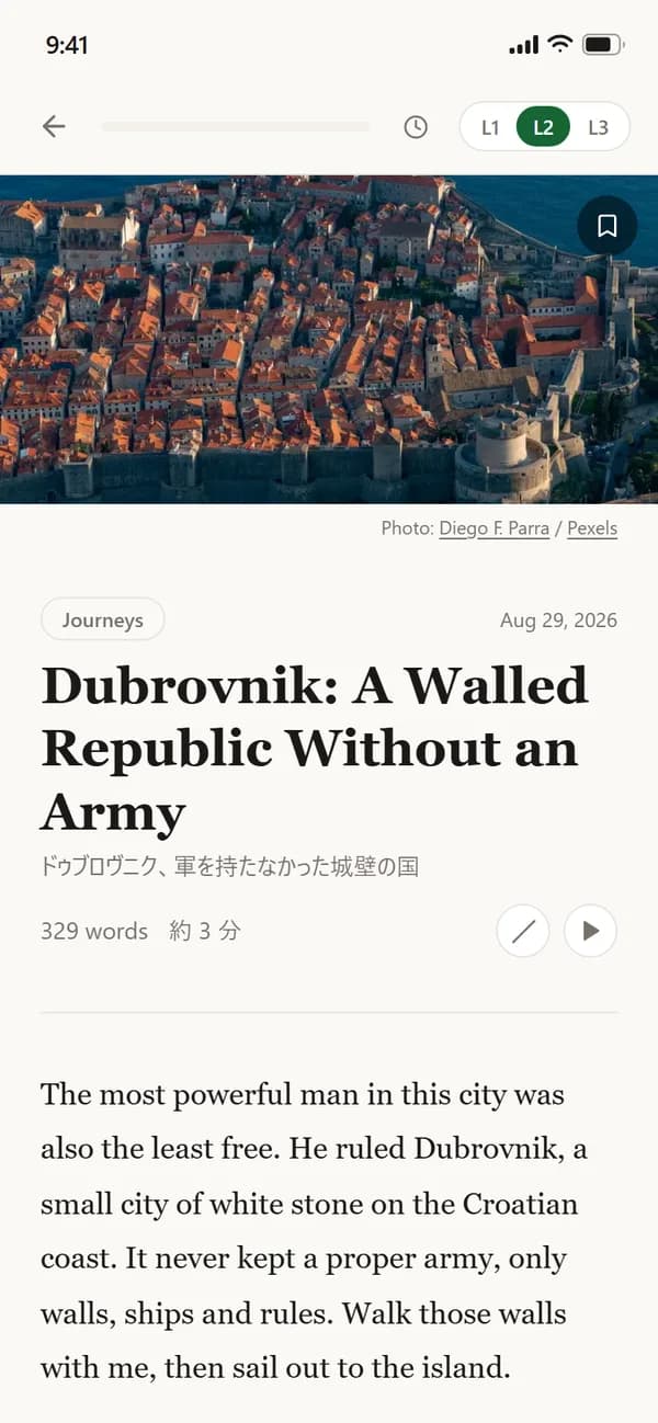 Randoku で「Journeys」の記事をレベル2で読んでいる画面